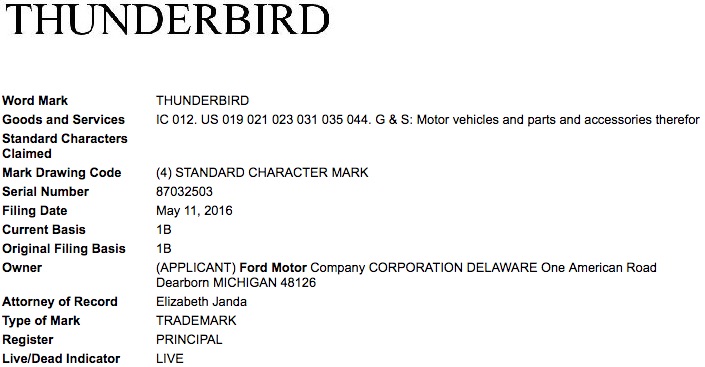 Ford Motor Company Thunderbird Trademark Application USPTO