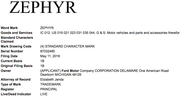 Ford Motor Company Zephyr Trademark Application USPTO