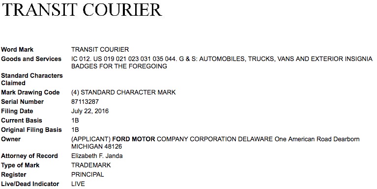 Ford Transit Courier Trademark Application USPTO