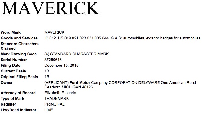Ford Maverick trademark filing USPTO
