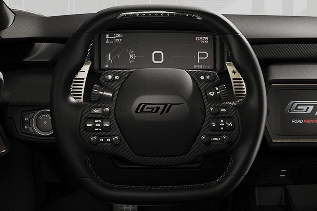 Actual steering wheel of the 2017 Ford GT Heritage Edition shown. Click for larger