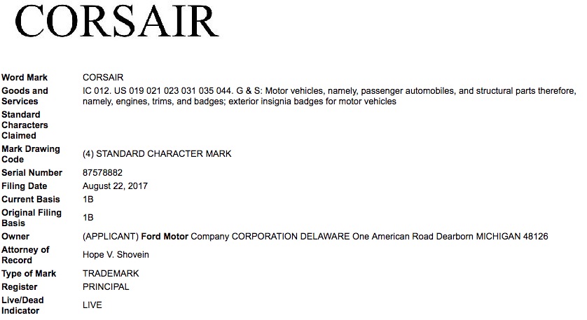 Ford Corsair Trademark Application USPTO