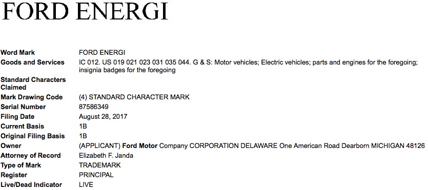 Ford Energi Trademark Application USPTO