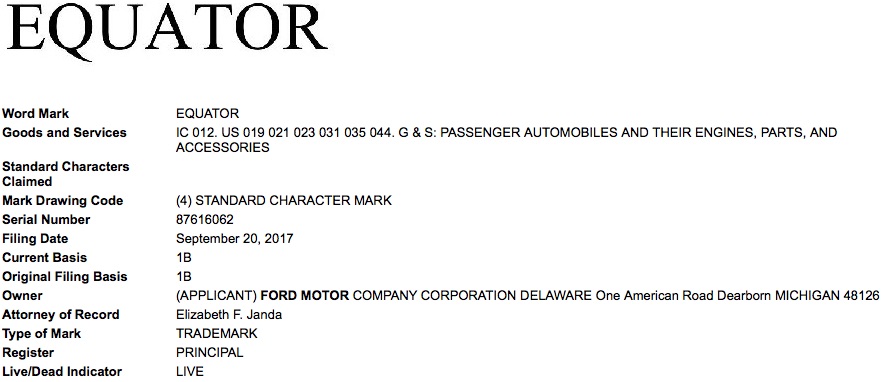 Ford Motor Company Equator Trademark Application USPTO