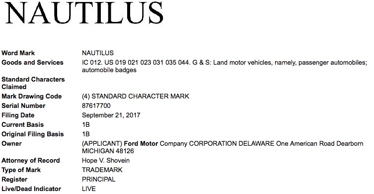 Ford Motor Company Nautilus Trademark Application USPTO