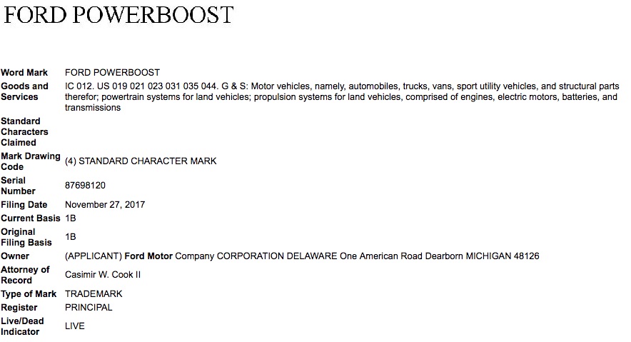 Ford PowerBoost Trademark Application USPTO