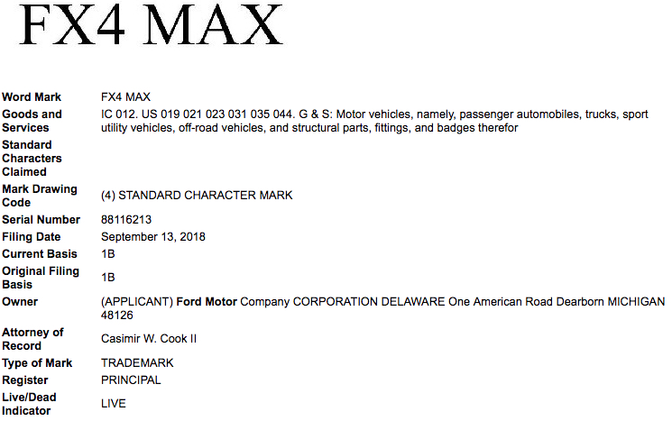 Ford Motor Company FX4 Max Trademark Application - September 2018