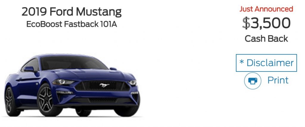 Ford Mustang rebate in November 2019