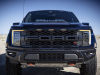 2023-ford-f-150-raptor-r-press-photos-exterior-020-antimatter-blue-front-ford-logo-script-on-grille-black-front-bumper-code-orange-recovery-tow-hooks-headlights-amber-marker-lamps
