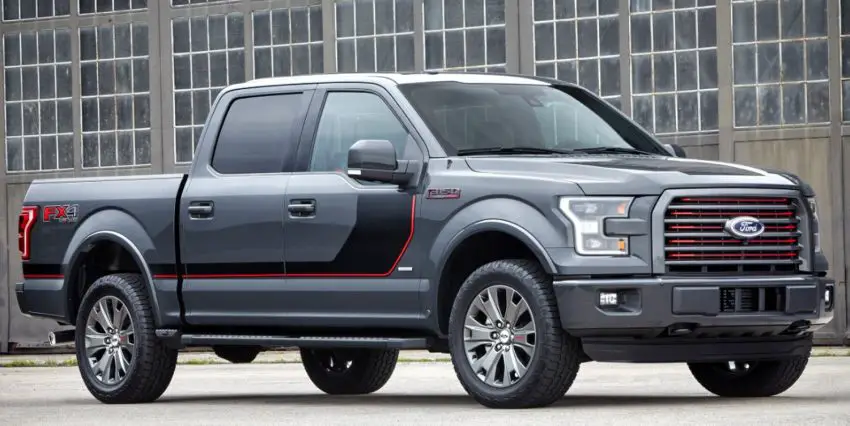 A photo showing the 2015 Ford F-150 from a front three quarters angle.