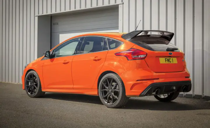 Photo showing a rear three-quarters view of the Ford Focus RS Heritage Edition. Fewer than 10 examples of this model are currently registered and being driven.