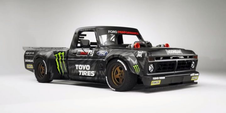 A photo of the 1977 Ford F-150 Hoonitruck against a white background, shown from a front three-quarters angle. Lia block recently drove the pickup for the first time since Ken Block's death.