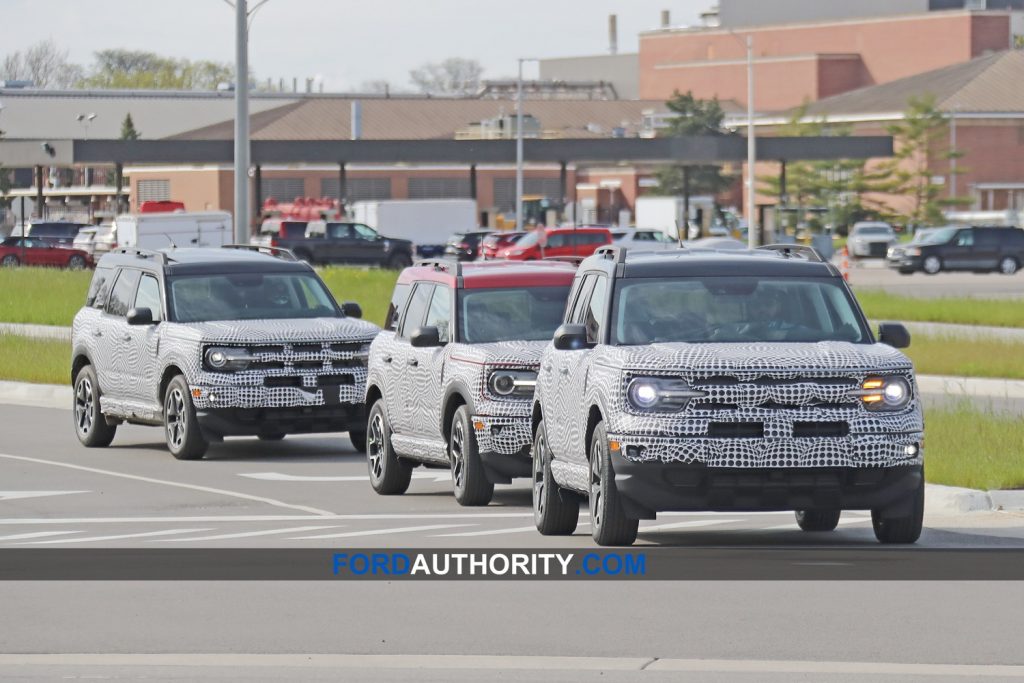 A convoy of 2021 Ford Bronco Sport prototypes undergoing testing in May 2020