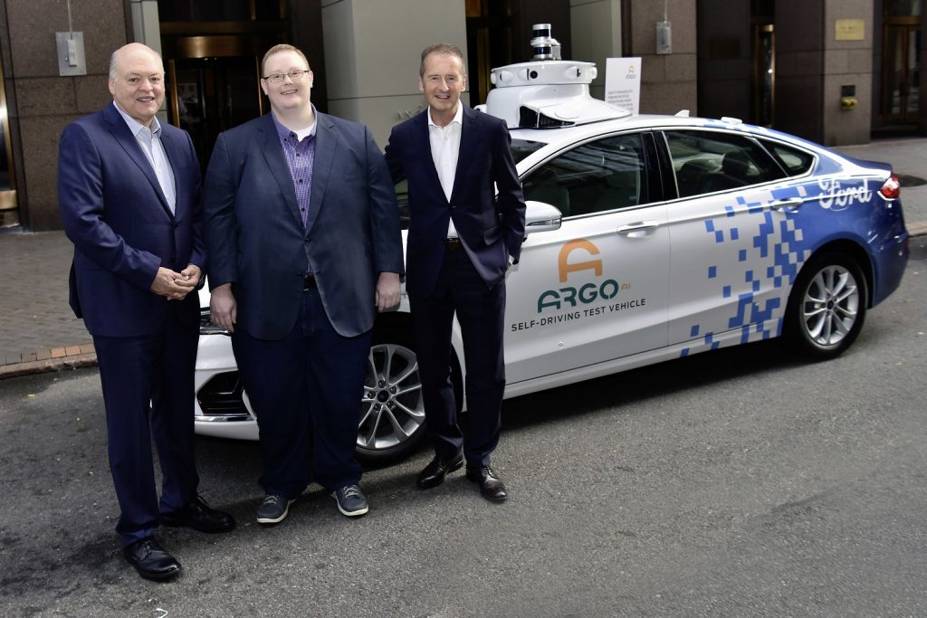 Left to right: Volkswagen CEO Dr. Herbert Diess, Argo AI CEO Bryan Salesky, and Ford President and CEO Jim Hackett.