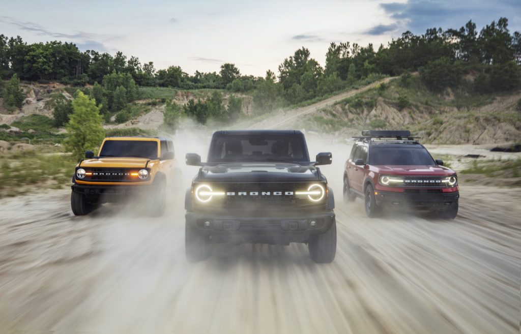 2021 Ford Bronco family. Left to right: Bronco two-door, Bronco four-door, Bronco Sport