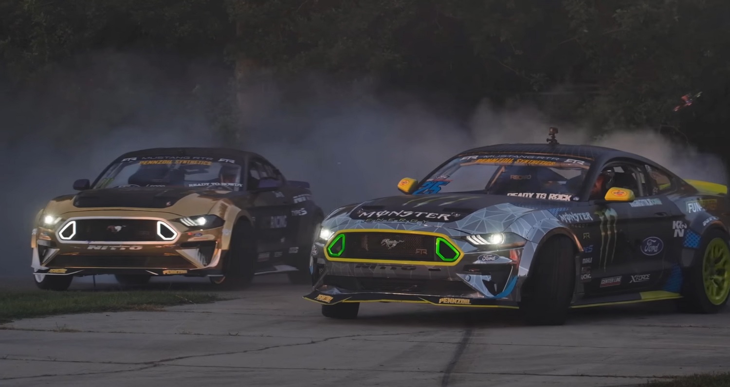 vaughn gittin jr and chelsea denofa drift their ford mustangs video vaughn gittin jr and chelsea denofa