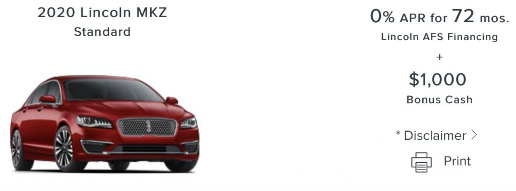 Lincoln MKZ Incentive November 2020