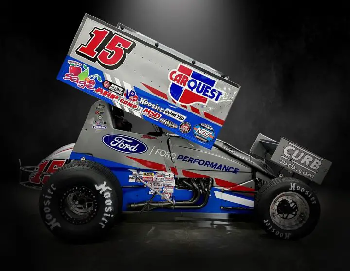 Photo of the No. 15 Sprint Car sporting a Ford Performance sponsorship. This car, which is owned by Tony Stewart, will no longer use Ford engines, switching to Chevy.