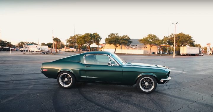 A photo showing the exterior of a Revology 1968 Ford Mustang Bullitt Tribute from a side angle.