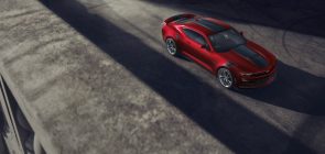 A photo showing the exterior of the 2021 Chevy Camaro SS from a front three quarters view.