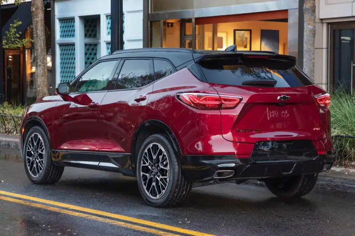 A photo showing the exterior of the 2023 Chevrolet Blazer RS from a rear three quarters angle.