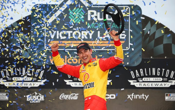 Joey Logano celebrates after winning the Nascar Cup Series race at Darlington Raceway in May 2022.