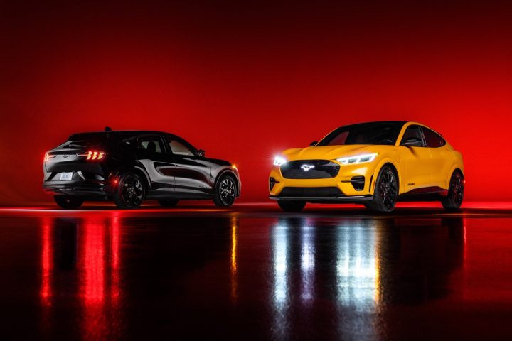 Nite Pony Package on 2023 Mustang Mach-E Premium on left and on 2023 Mustang Mach-E GT Performance Edition on right.
