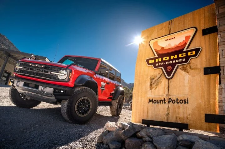 A photo showing the exterior of the Ford Bronco Raptor from a front three quarters angle.