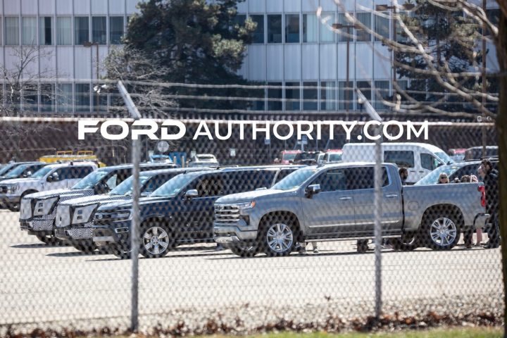 2024 Ford F-150 prototypes lined up next to a Ford Expedition and Chevy Silverado