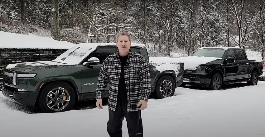Ford F-150 Lightning vs Rivian R1T Snowstorm Charge Test - Exterior 001 - Front Three Quarters