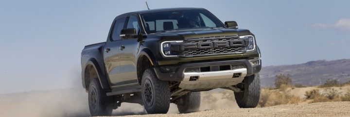 A photo showing the exterior of the 2024 Ford Ranger Raptor from a front three quarters angle.