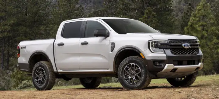 A photo showing the exterior of the 2024 Ford Ranger from a front three quarters angle.