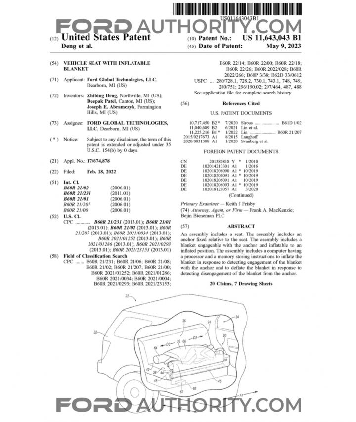 Ford Patent Seats With Inflatable Blankets 001