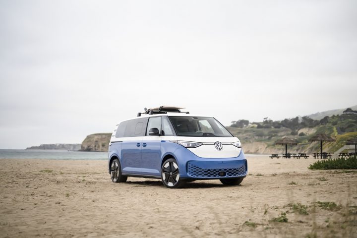 A photo showing the exterior of the Volkswagen ID.Buzz from a front three quarters angle.