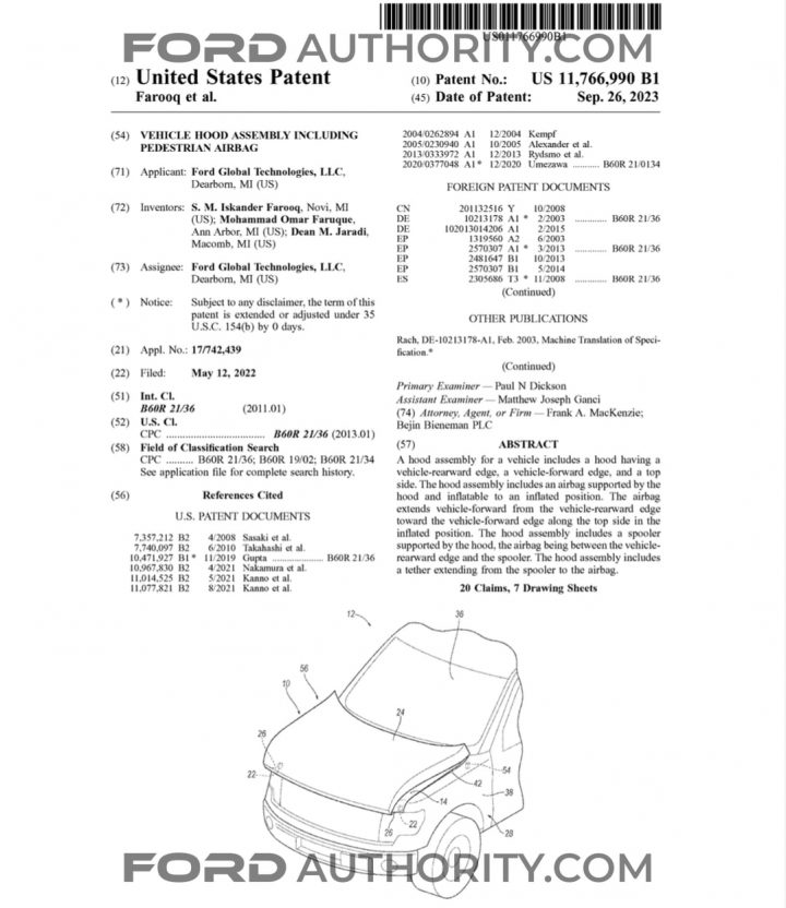 Ford Patent Hood Mounted Airbag