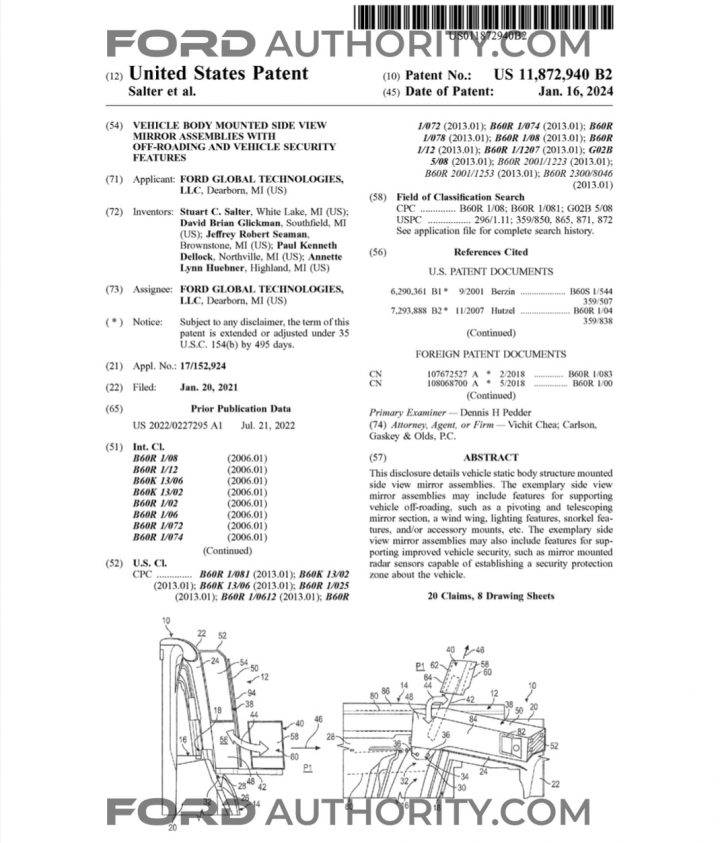 Ford Bronco Vehicle Body Mounted Side View Mirror Assemblies With Vehicle Security Features Patent