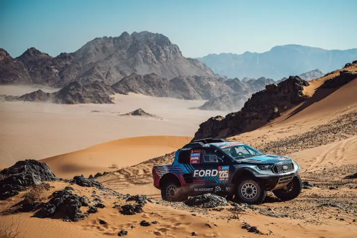 Photo showing the Ford Ranger T1+ during the 2024 Dakar Rally from a front three-quarters angle. Castrol, BP, and NWM are returning to support Ford in the 2025 SARRC. 