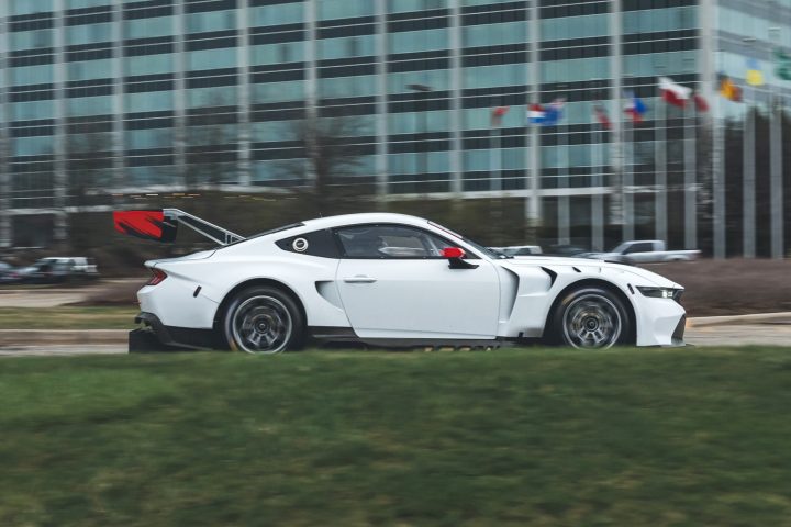 A press photo showing the Ford Mustang GT3 from a side view. HRT helped propel the model to its first overall victory at the Nürburgring last month. 