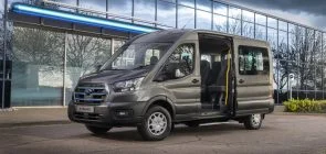 Ford E-Transit Minibus Passenger Van Europe - Exterior 001 - Front Three Quarters