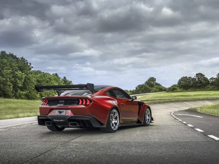 A photo showing the exterior of the 2025 Ford Mustang GTD from a rear three quarters angle.