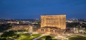A photos showing the exterior of the newly renovated Ford Michigan Central Station site.