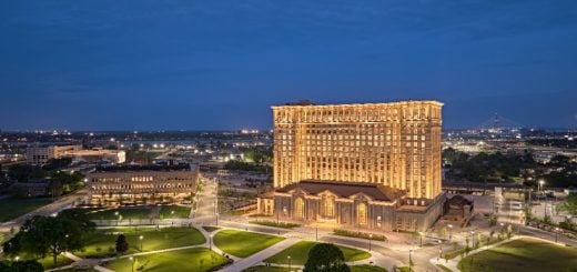 A photos showing the exterior of the newly renovated Ford Michigan Central Station site.