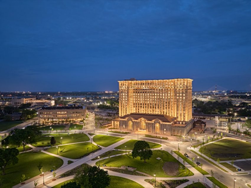 A photos showing the exterior of the newly renovated Ford Michigan Central Station site.