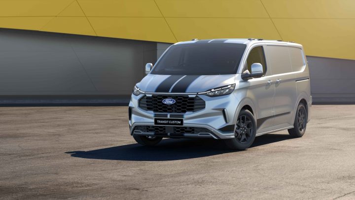 A photo showing the exterior of the Ford Transit Custom Sport from a front three quarters angle.