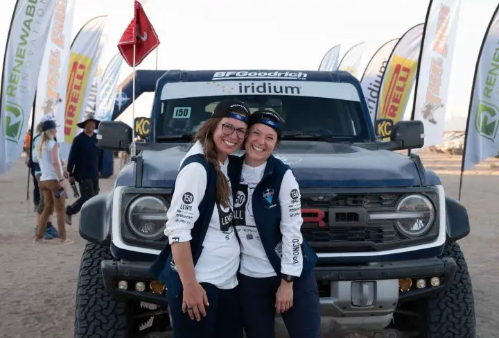 A photo showing Shelby Hall and Rori Lewis with the Ford Bronco Raptor at the 2024 Rebelle Rally.