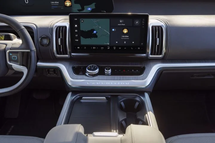 Photo showing the infotainment screen and center console of the 2025 Ford Expedition. The full size SUV was named as having one of the best interiors in the industry.