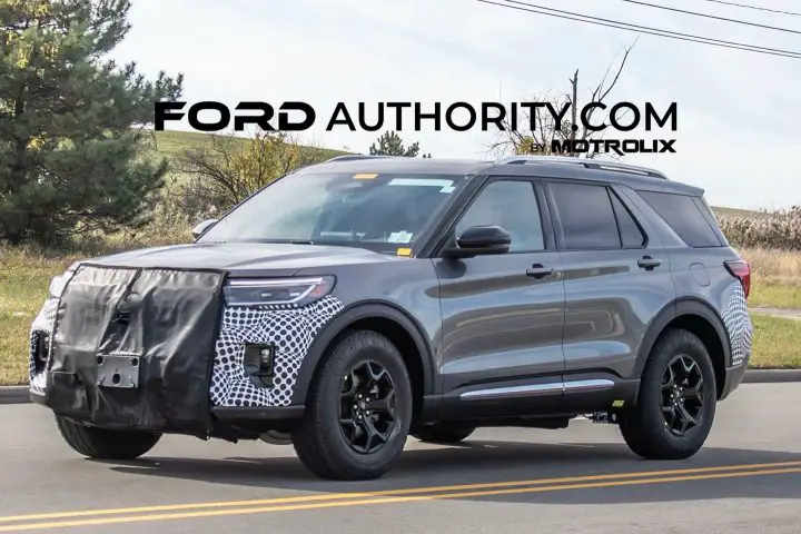 A front three quarters view of a 2025 Ford Explorer Tremor prototype. 