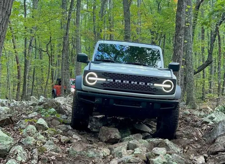 A photo showing the exterior of the Ford Bronco from a front angle.
