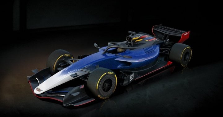 A rendering of the Cadillac F1 race car, shown from a front three-quarters angle. Cadillac and Ford will both join F1 in 2026.