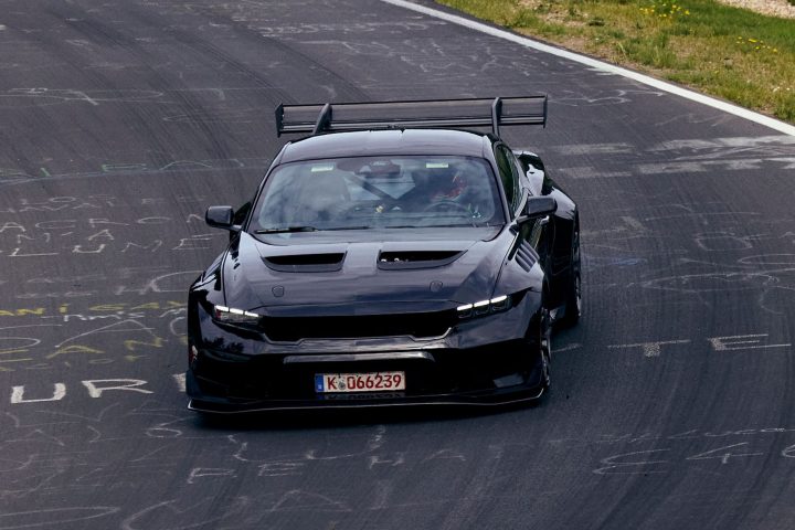Photo of the 2025 Ford Mustang GTD on track at the Nürburgring. The track-ready pony features quite a few carbon fiber components. 